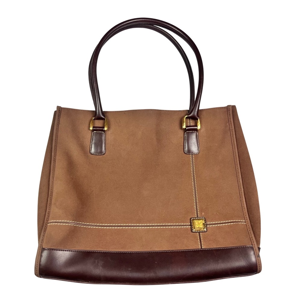 Diane von Furstenberg Brown Canvas Tote Bag Faux Leather Trim Gold Hardware